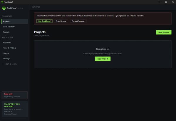 TrackProof Projects view with an empty project list