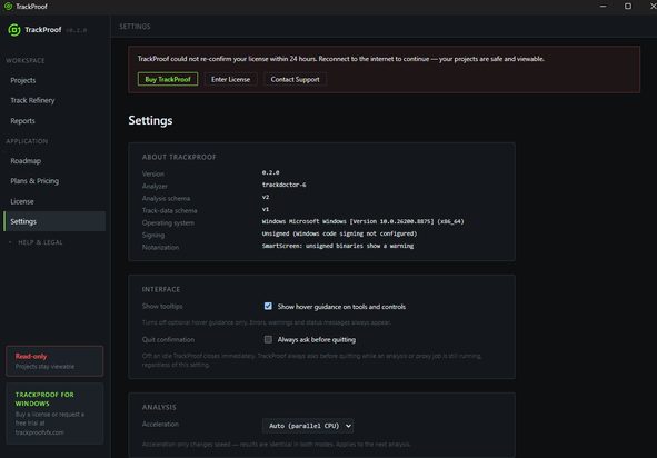 TrackProof Settings page showing version, signing state and acceleration options